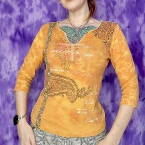 Y2K Orange and yellow tie dye paisley and floral print 3/4 sleeve top.